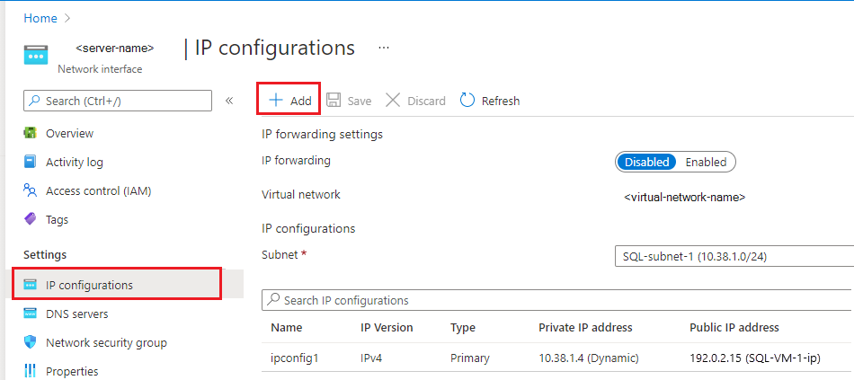 Screenshot of the Network Interface page. On the left hand menu, 'IP configurations' is selected under 'Settings', and '+ Add' is highlighted on the IP configurations screen.