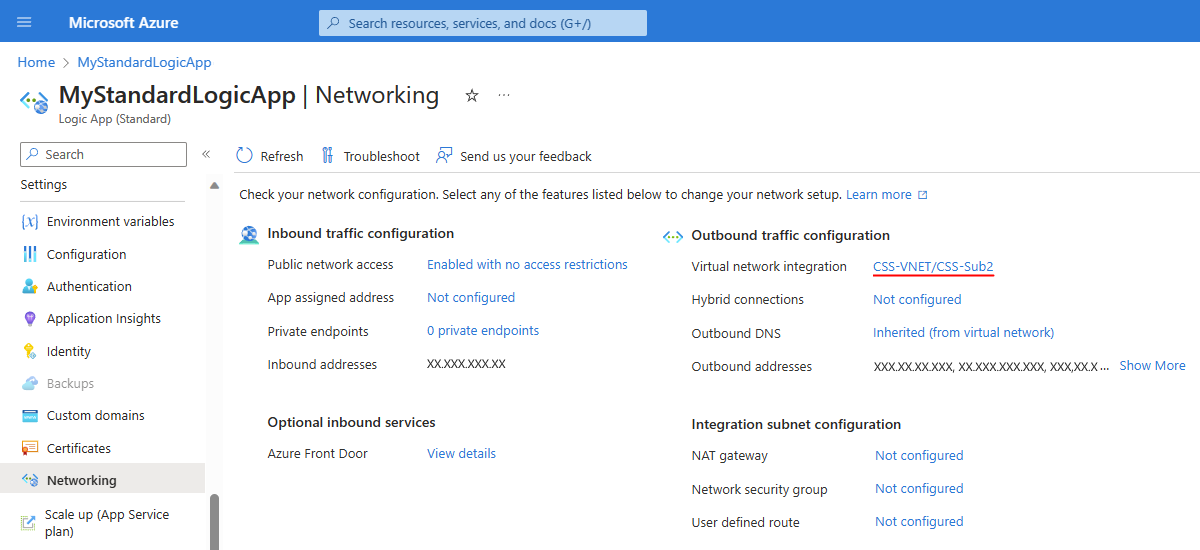 Screenshot shows Azure portal, Standard logic app resource, Networking page with selected virtual network and subnet.