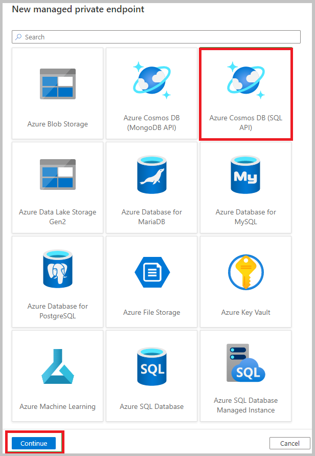 Select Azure Cosmos DB API for NoSQL to create a private endpoint.