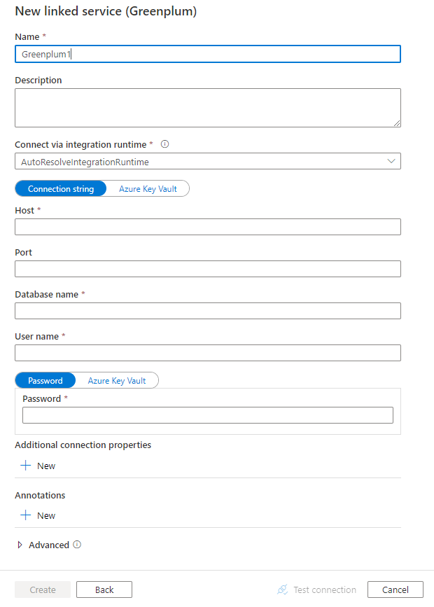 Screenshot of linked service configuration for Greenplum.