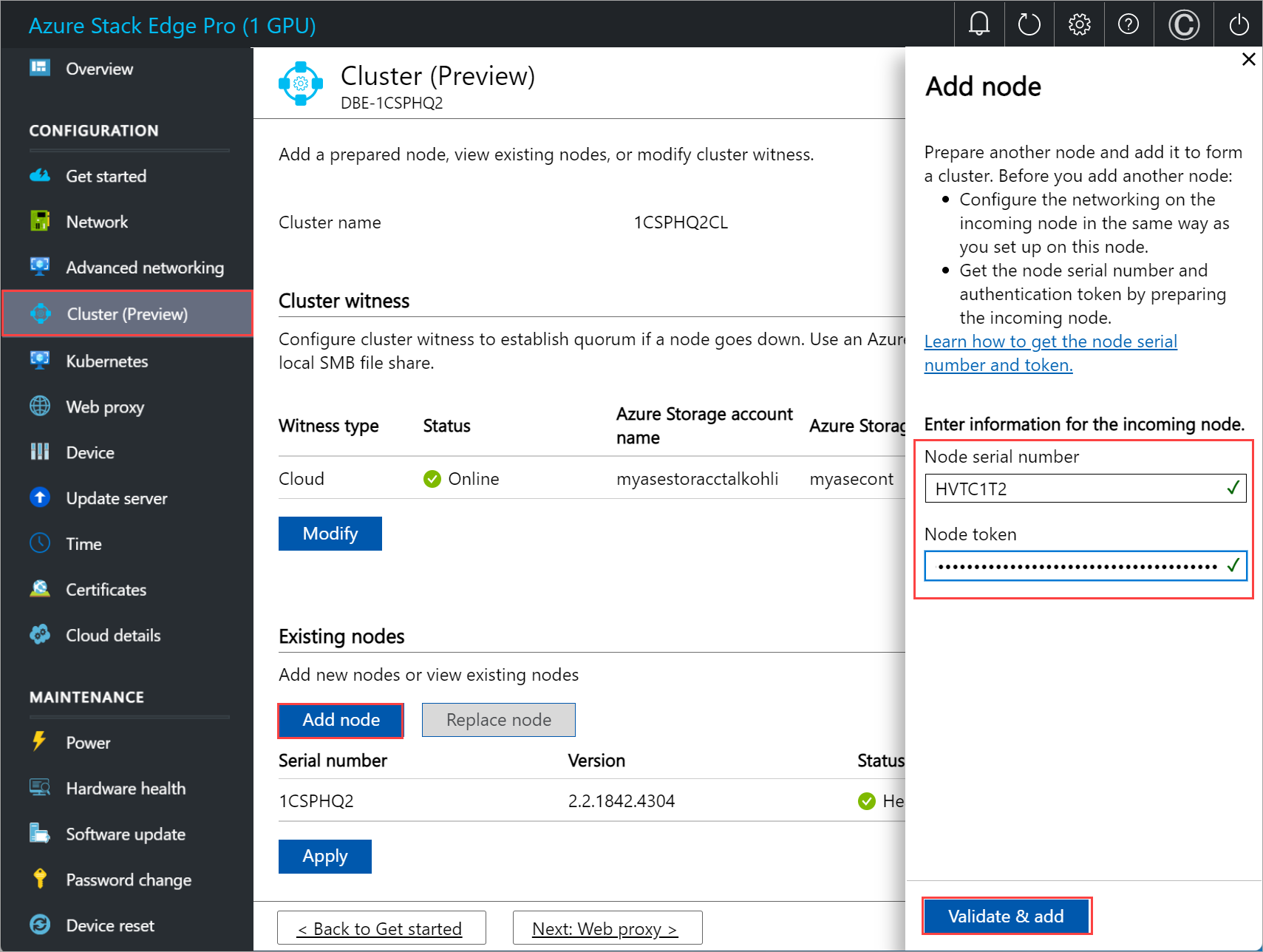 Local web UI "Add node" page with "Add node" option selected for "Existing" on first node