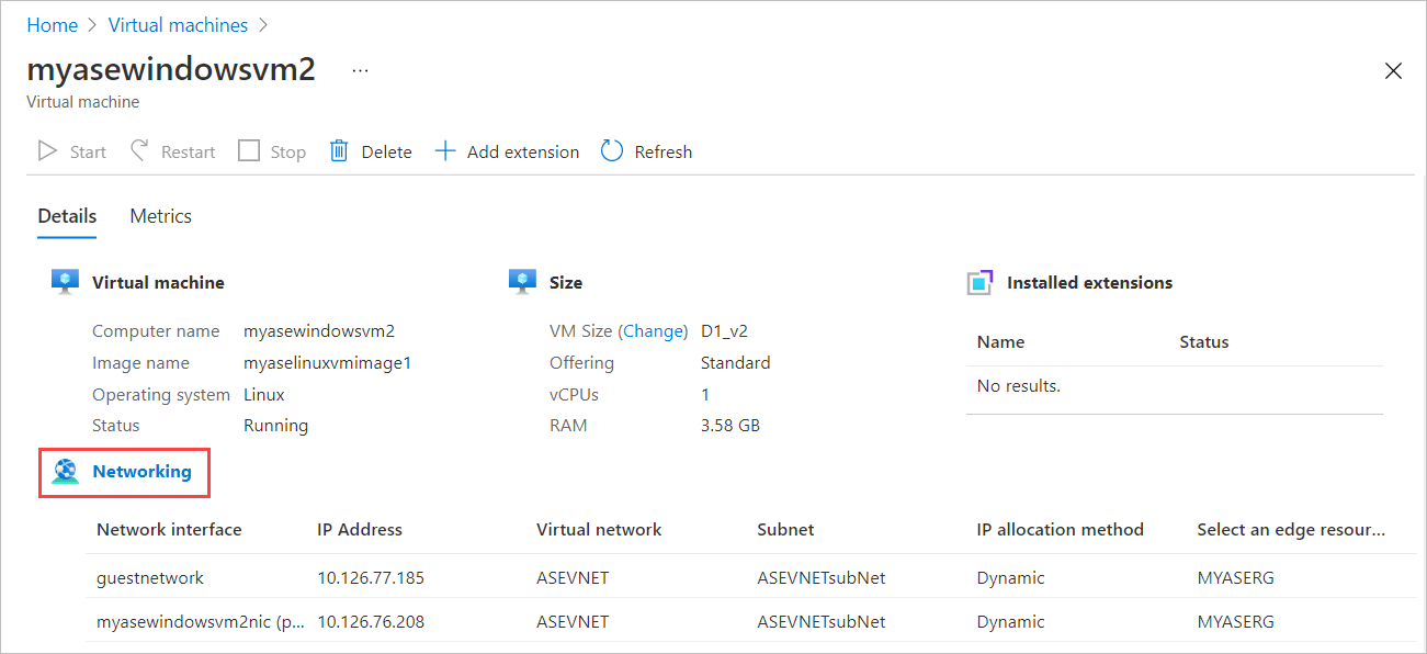 Screenshot showing the Details tab for a virtual machine. The Networking label, which opens the Networking blade for the VM, is highlighted.