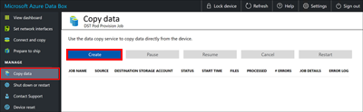 Screenshot of the Copy Data page highlighting the location of the Create button.