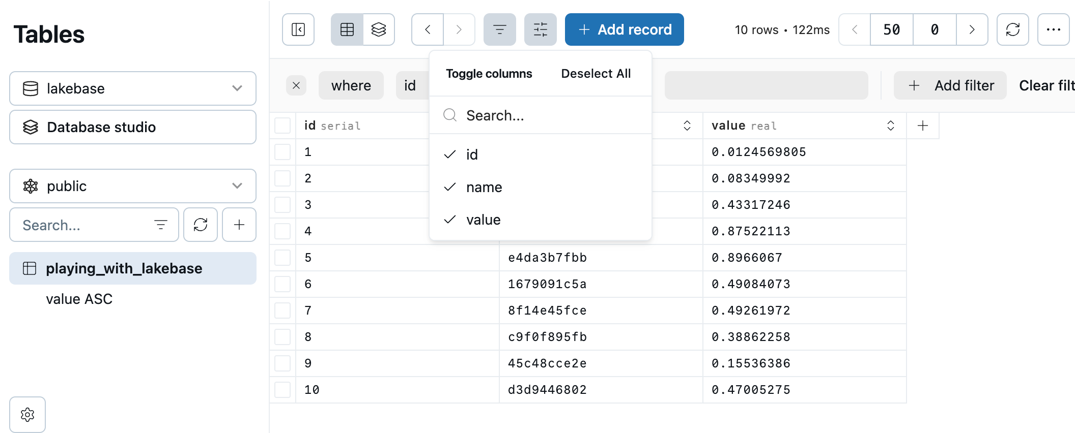 Lakebase tables editor toggle columns