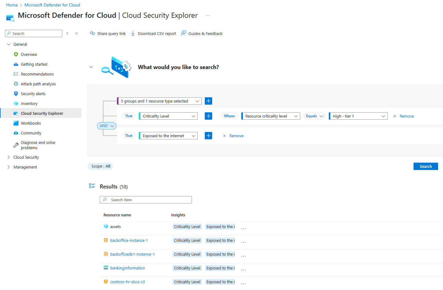 Screenshot of Cloud Security Explorer page with query for critical assets.