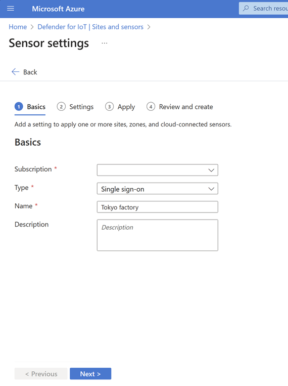 Screenshot of creating a new Single sign-on sensor setting in Defender for IoT.