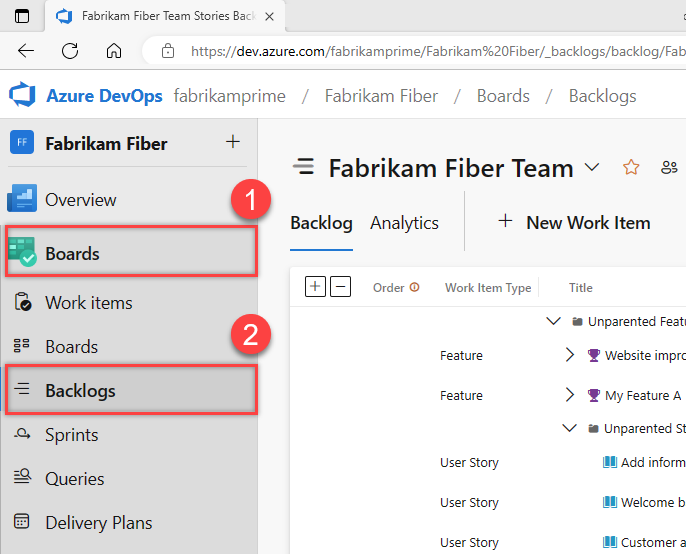 Screenshot of sequence selection for opening Backlogs in Boards.