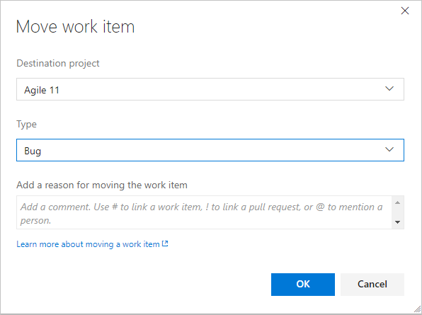 Move work item type dialog, on-premises.