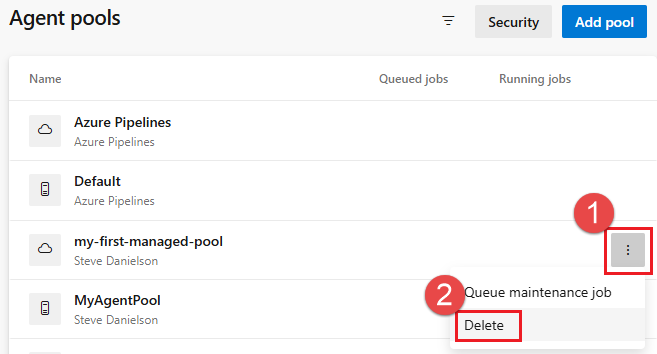 Screenshot of deleting an agent pool.