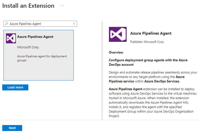 Screenshot that shows selecting the Azure Pipelines Agent extension.