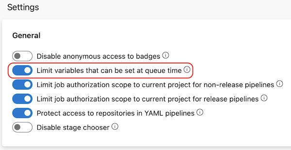 Screenshot of limiting variables that can be set at queue time at organization level.