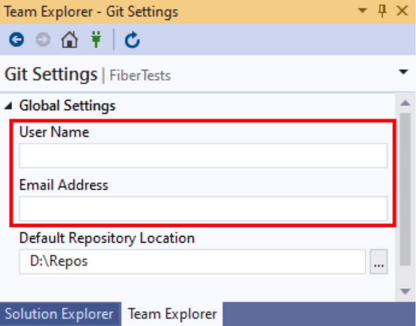 Screenshot of the name and email settings in Global Settings in Team Explorer in Visual Studio 2019.