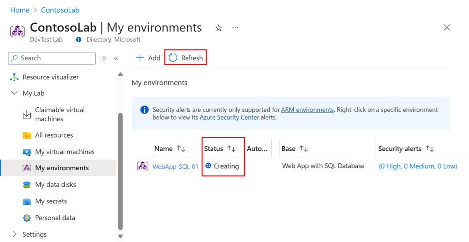 Screenshot that shows how to see the provisioning status for the lab environment.