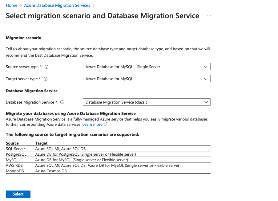 Screenshot of a Select Migration Scenario.