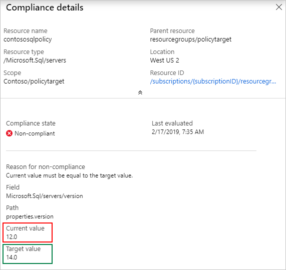 Screenshot of the Compliance details pane and reasons for non-compliance that current value is 12 and target value is 14.