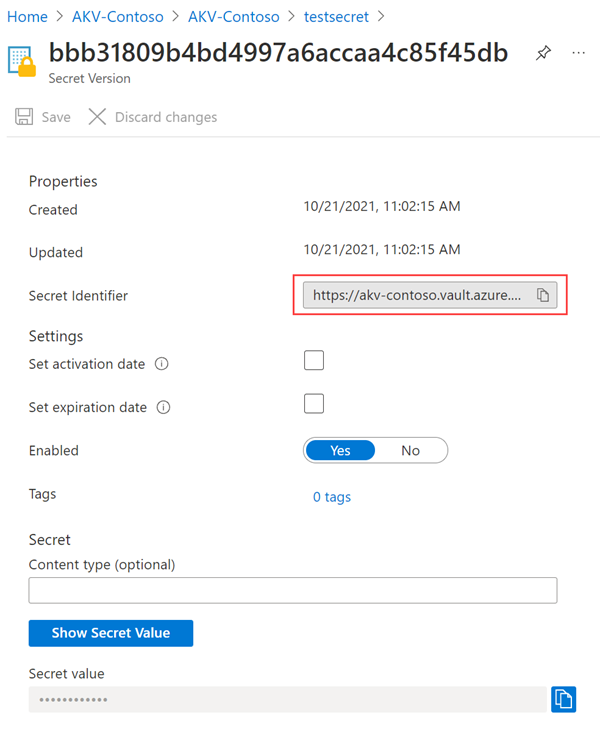 Screenshot that shows the details of a secret in an Azure key vault.