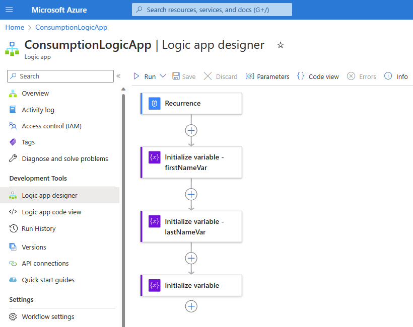 Screenshot showing the Azure portal and the designer with a sample Consumption workflow for the Compose action.