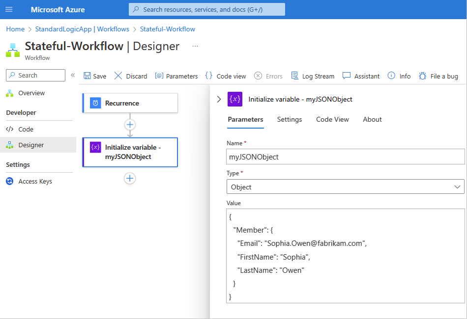 Screenshot showing the Azure portal and the designer with a sample Standard workflow for the "Parse JSON" action.