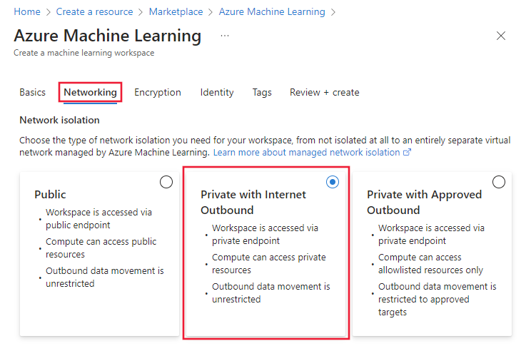 Screenshot of the workspace network tab with internet outbound selected.