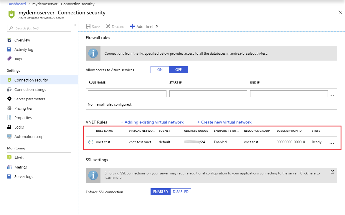 VNet service endpoints enabled and VNet rule created