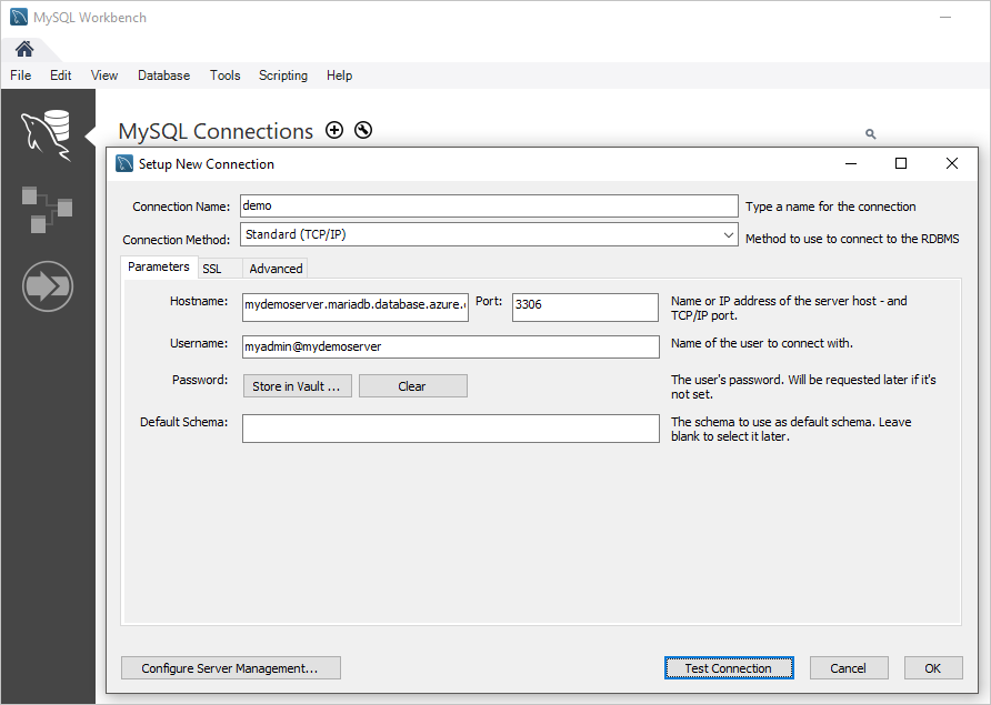 Screenshot of the MySQL Connections pane in MySQL Workbench.