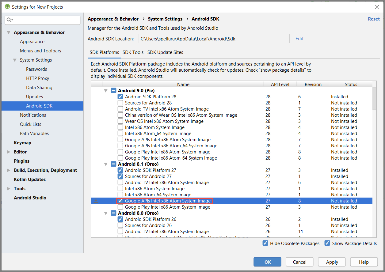 Android SDK Manager - Google APIs selected