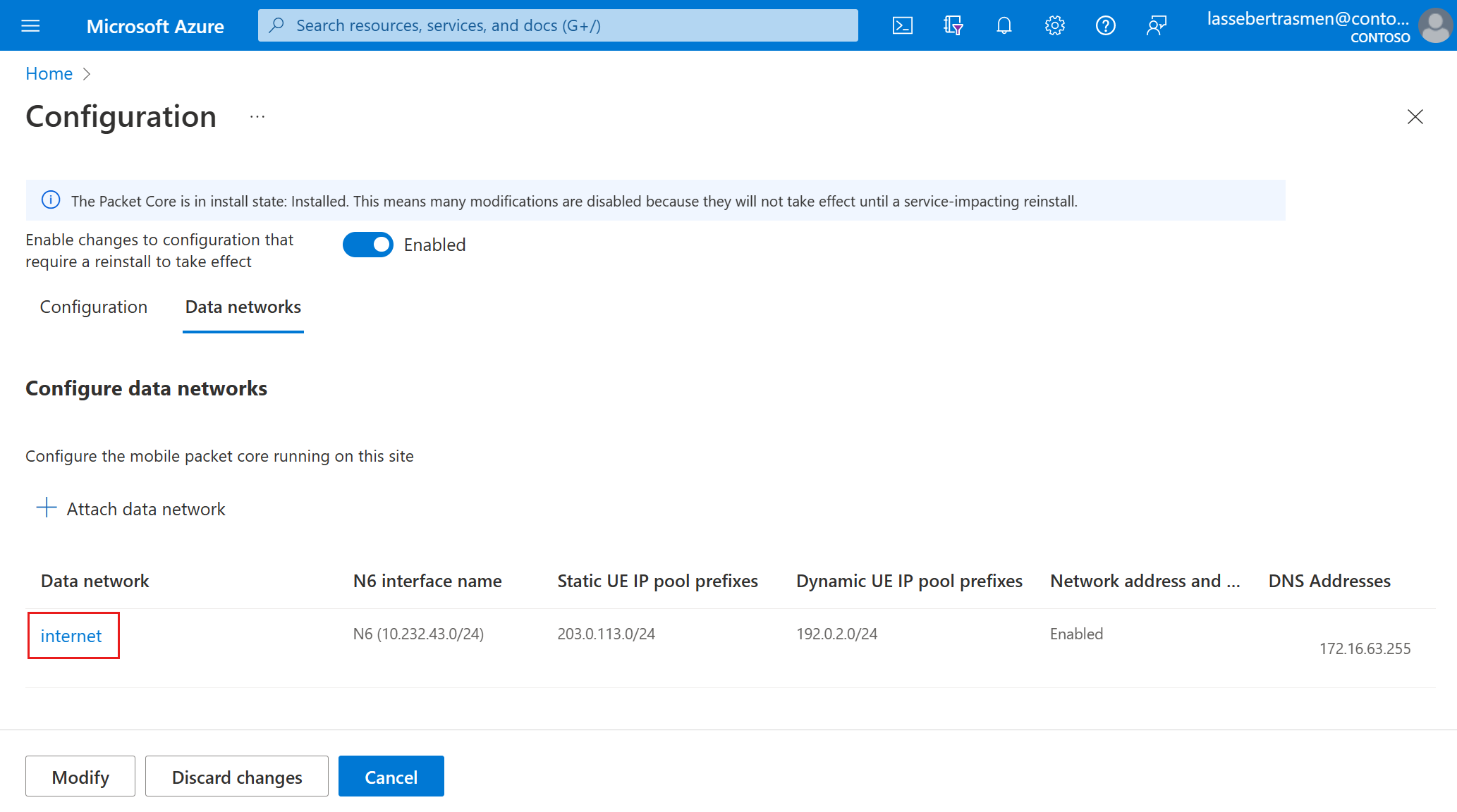 Screenshot of the Azure portal showing the Modify packet core Data networks tab. A data network is highlighted.