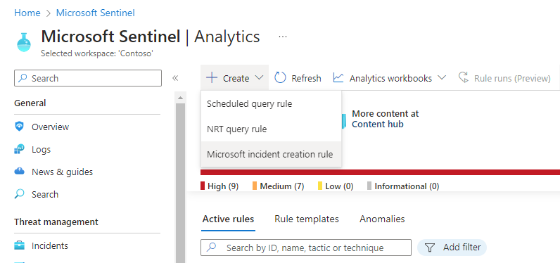 Screenshot of creating a Microsoft Security rule on the Analytics page.