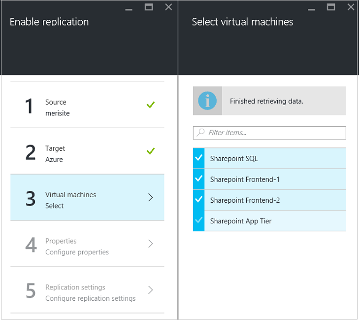 Enable replication Select virtual machines window