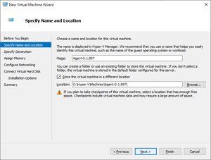 Image showing the location of the Name and Location fields within the New Virtual Machine Wizard.