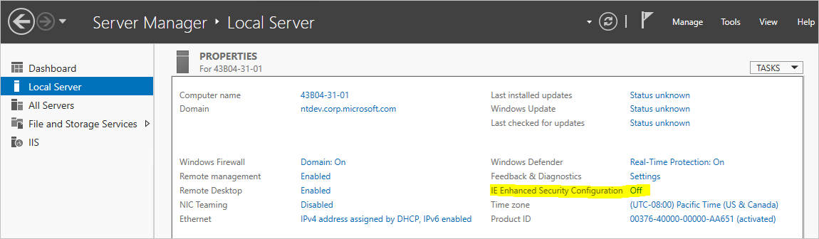 Server Manager UI with the IE Enhanced Security Configuration highlighted