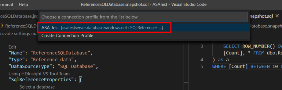 The dialog box says "Create a connection profile from the list below", and the list has one entry, which is hightlighted.