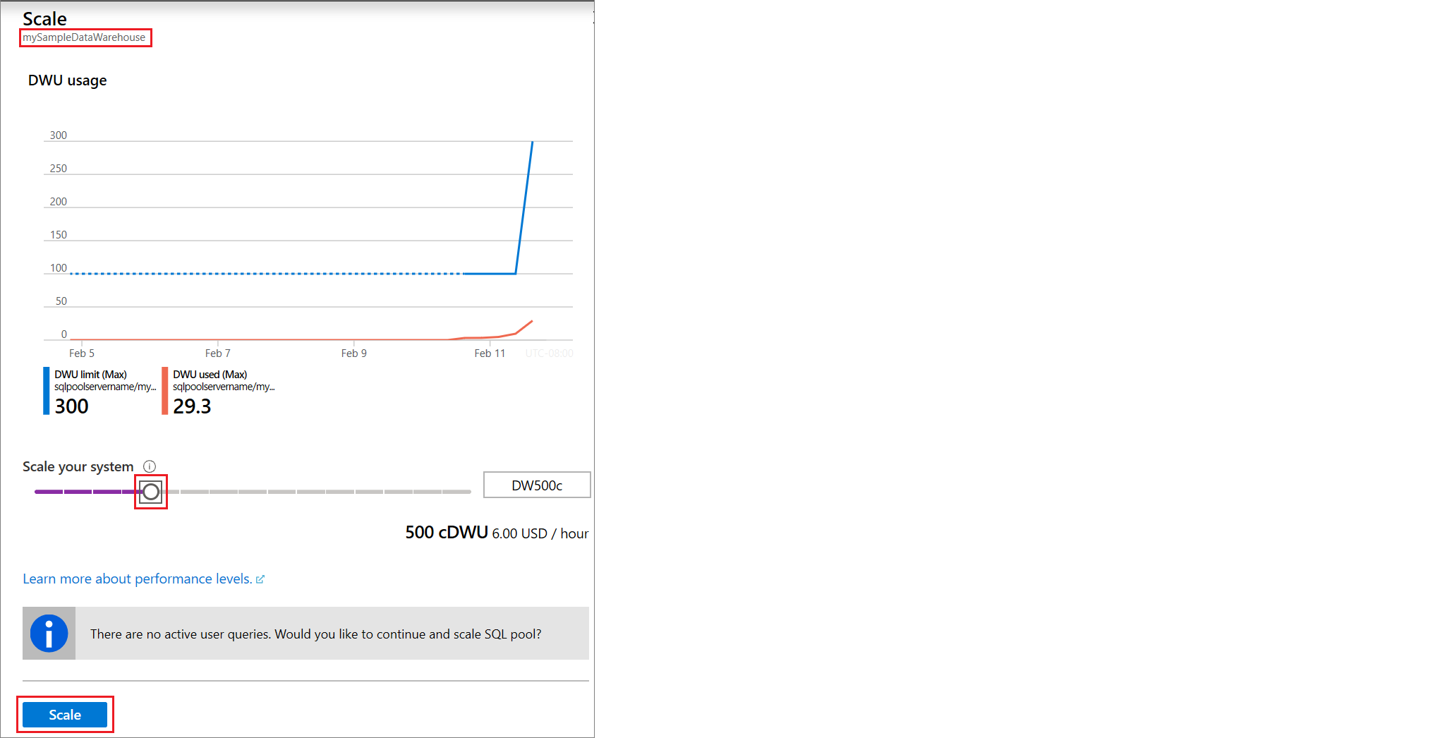 A screenshot of the Azure portal showing the scale slider.