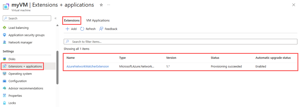 Screenshot that shows how to view installed extensions on a VM in the Azure portal.