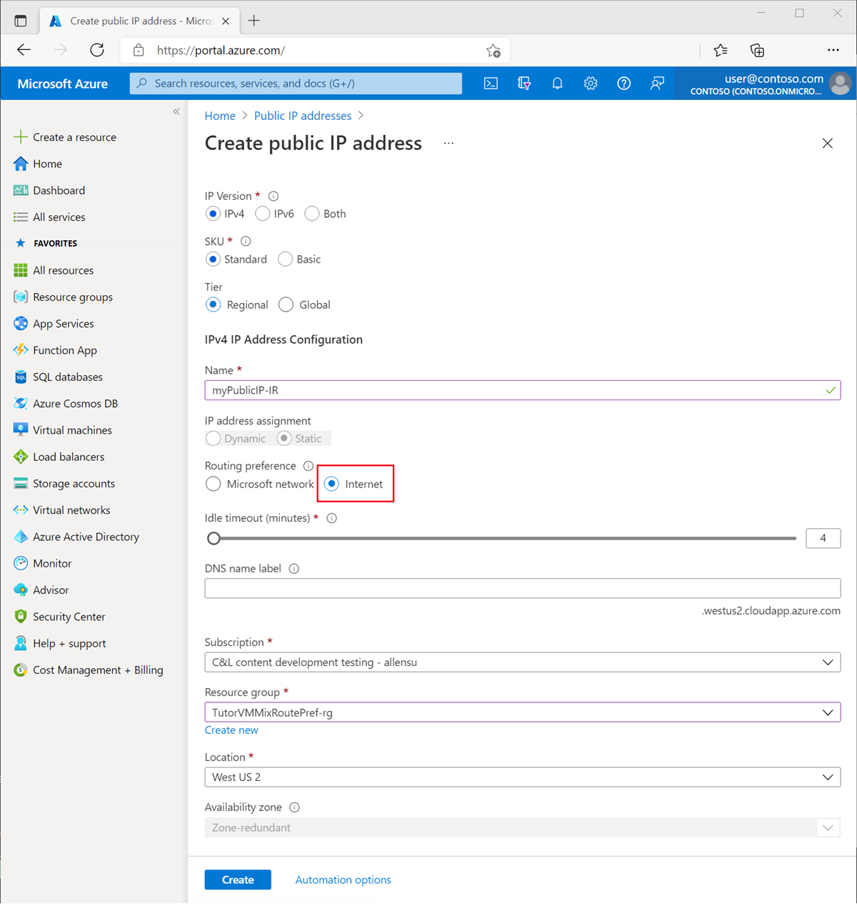 Screenshot of create public IP address with Internet routing preference.