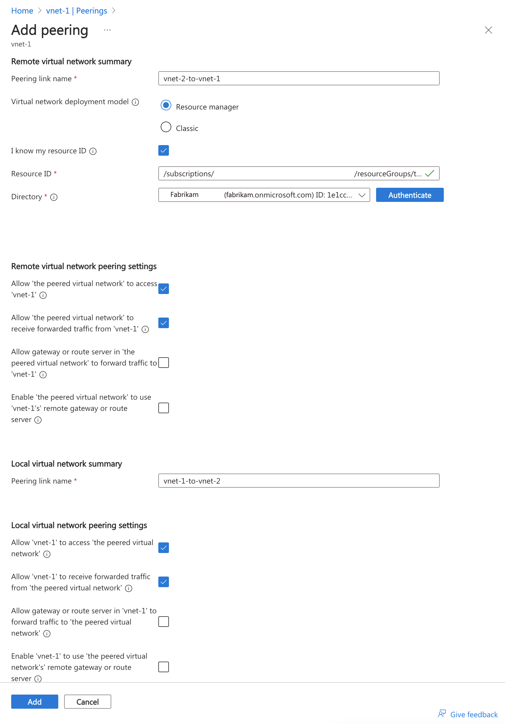 Screenshot of peering from vnet-1 to vnet-2.