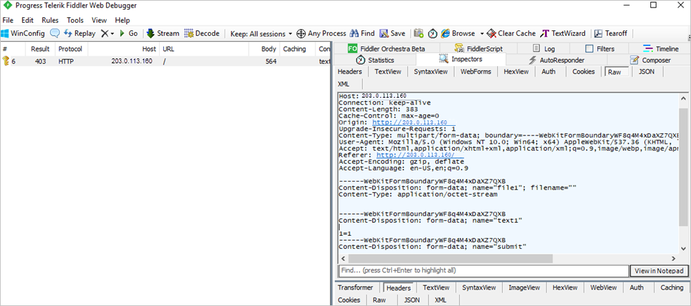 Screenshot of the Progress Telerik Fiddler Web Debugger. The Raw tab lists request header details like the connection, content-type, and user-agent.