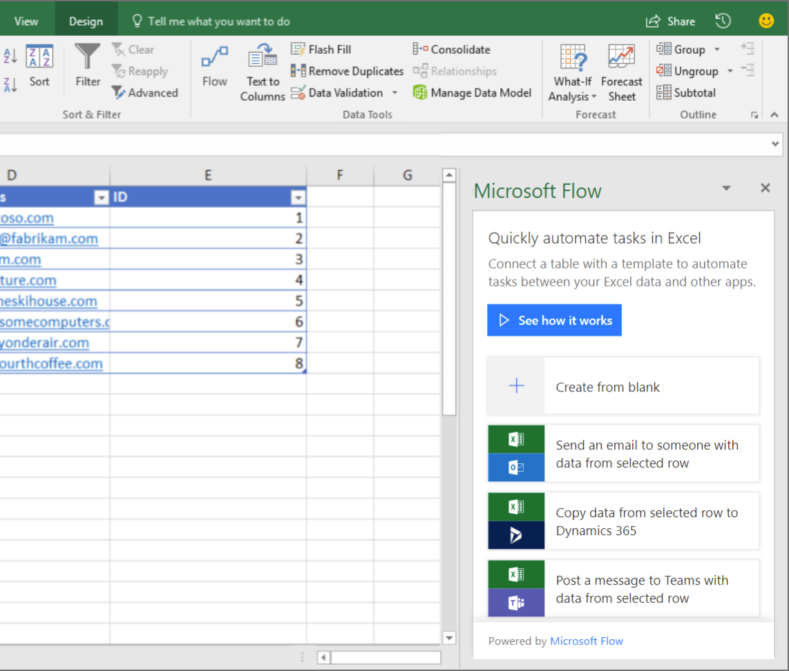 A screenshot of Excel, showing how to create a new on-demand flow 