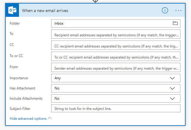 Screenshot that shows the expanded hidden advanced options.