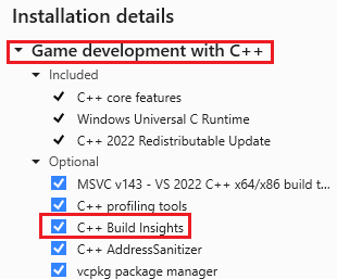 Screenshot of the Visual Studio Installer with the Game development with C++ workload selected.