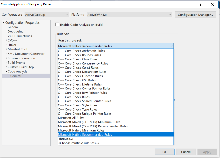 Screenshot of the Property Pages dialog box showing Configuration Properties > Code Analysis > General selected and a number of Core Checks listed in teh Run this rule set section.