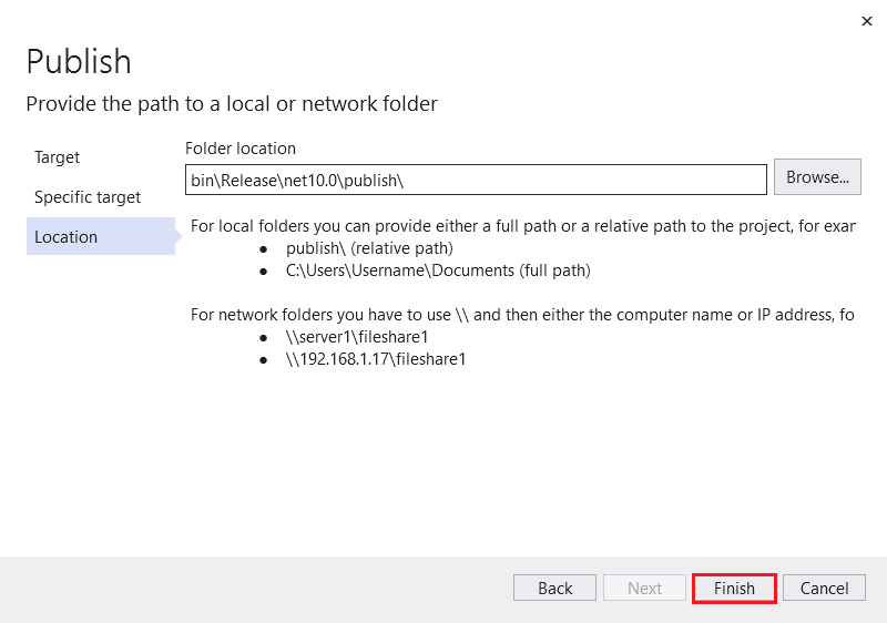 Visual Studio Publish page Location tab