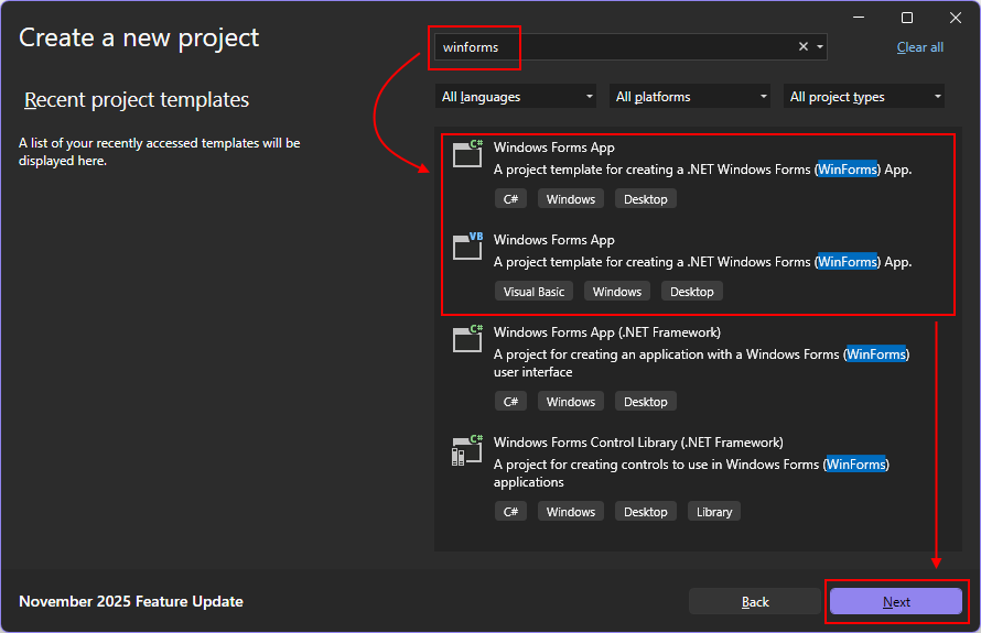 Screenshot of Visual Studio's 'Create a new project' dialog with 'winforms' in the search box and Windows Forms App templates highlighted.