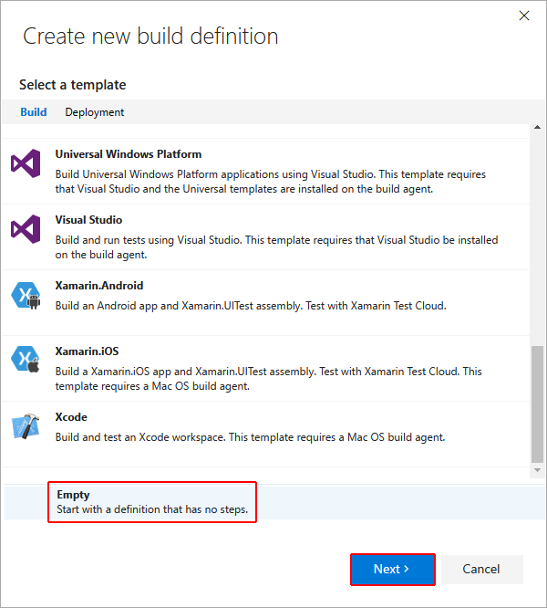 Selecting an empty build definition