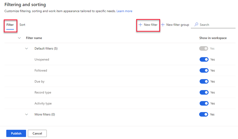 Знімок екрана сторінки Фільтрування та сортування з виділеними вкладками Фільтр і Новим фільтром.