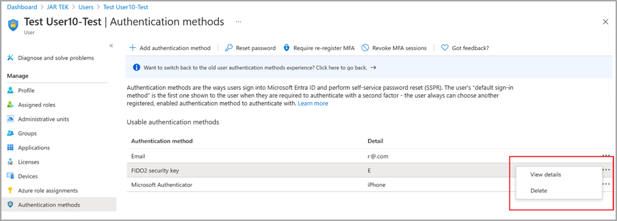 Screenshot of View Authentication Method details.