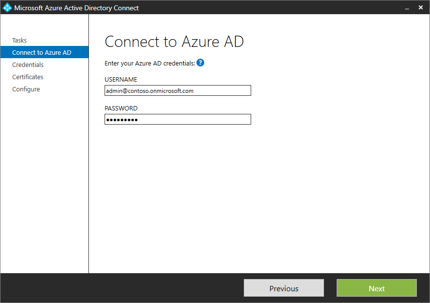 Screenshot that shows the "Connect to Microsoft Entra ID" page with example credentials entered.