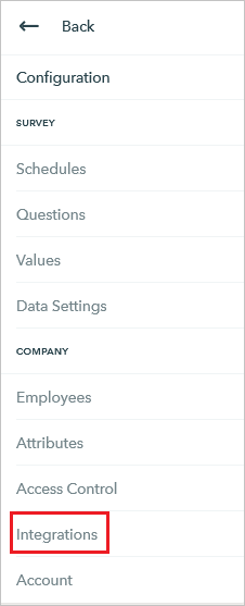 Screenshot of the Configuration options with the Integrations option called out.