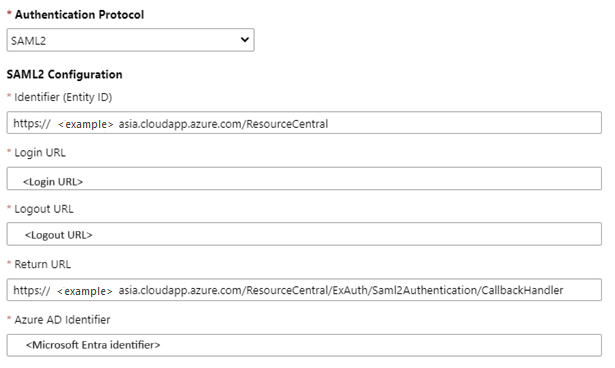 Screenshot of the SAML2 Configuration pane in Resource Central.