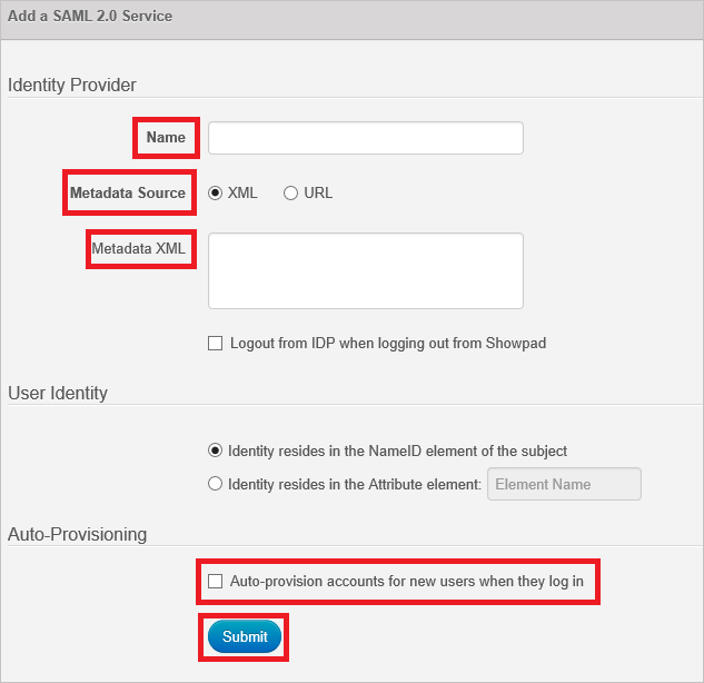 Screenshot shows the Add a SAML 2.0 Service dialog box where you can enter the values described.